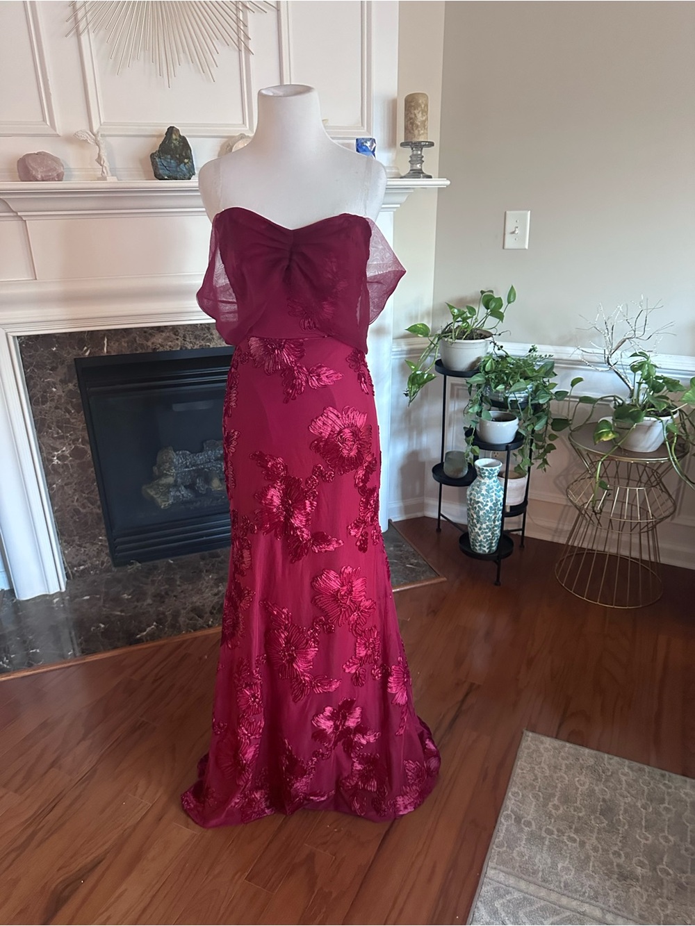 Off-shoulder/Strapless (clear strap) Raspberry Red Floral Appliqué Gown